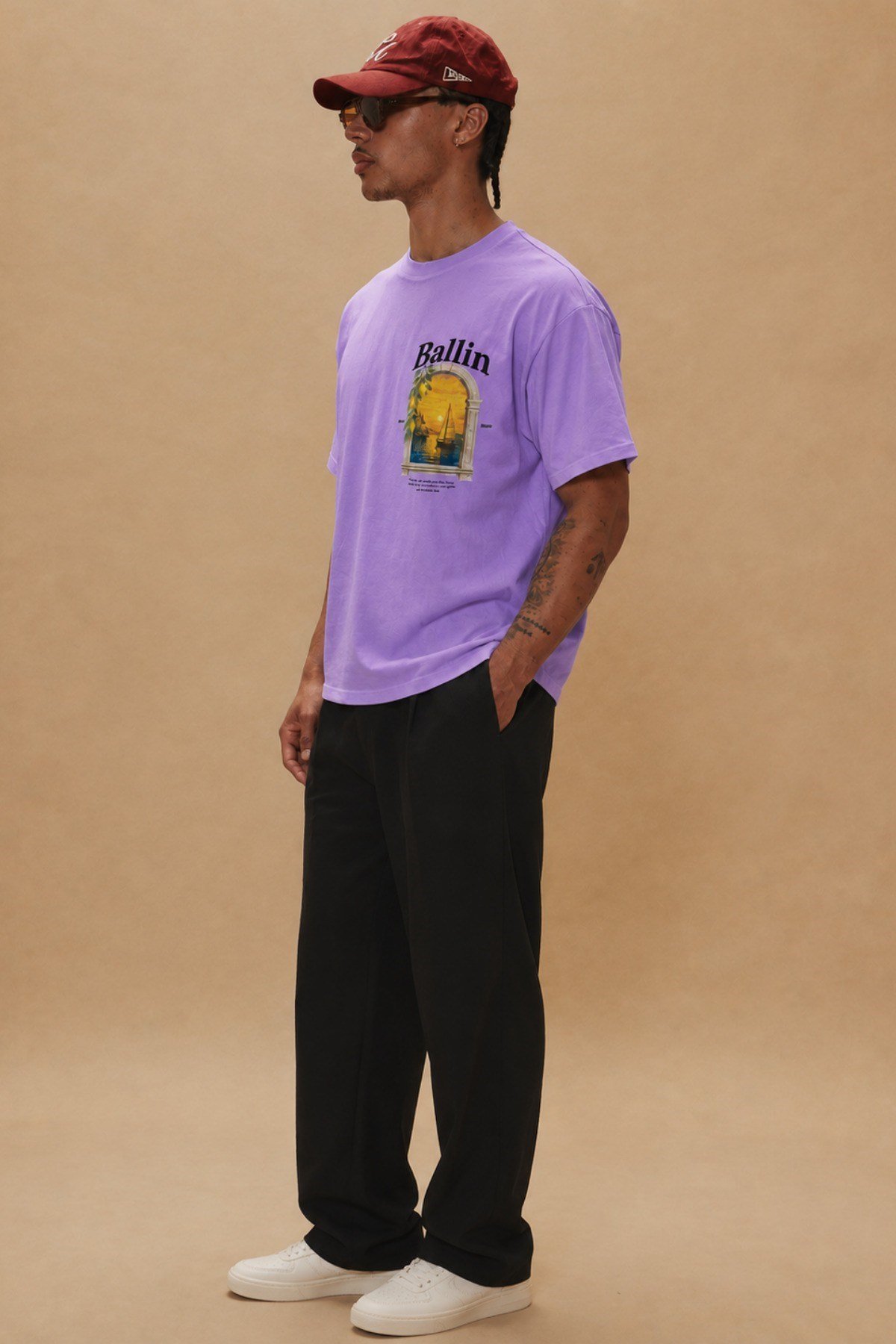 Tarz CoolT-shirtTRZ-BALLIN-01-Beyaz-LErkek Oversize Ön Ve Arka Baskılı Bisiklet Yaka %100 Pamuk Tişört