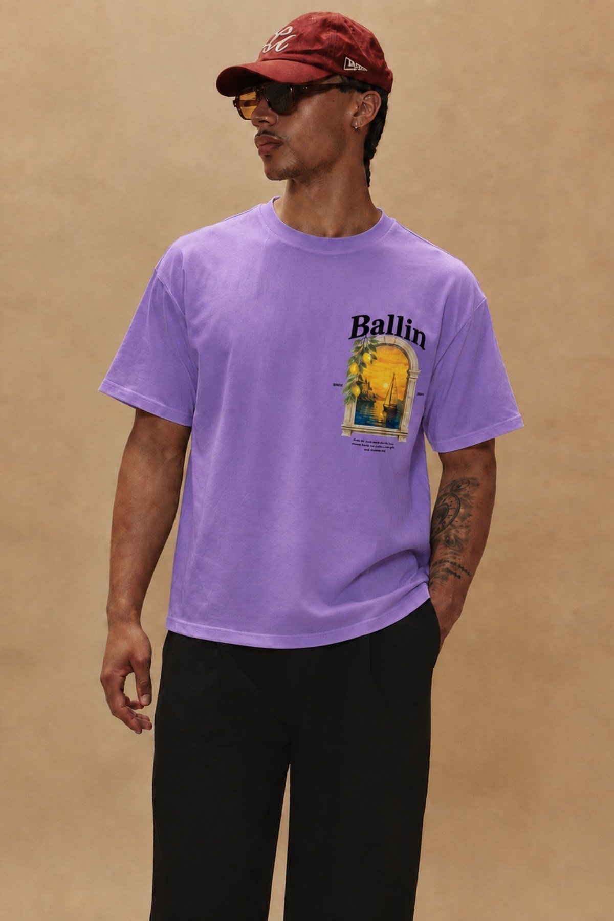 Tarz CoolT-shirtTRZ-BALLIN-01-Beyaz-LErkek Oversize Ön Ve Arka Baskılı Bisiklet Yaka %100 Pamuk Tişört