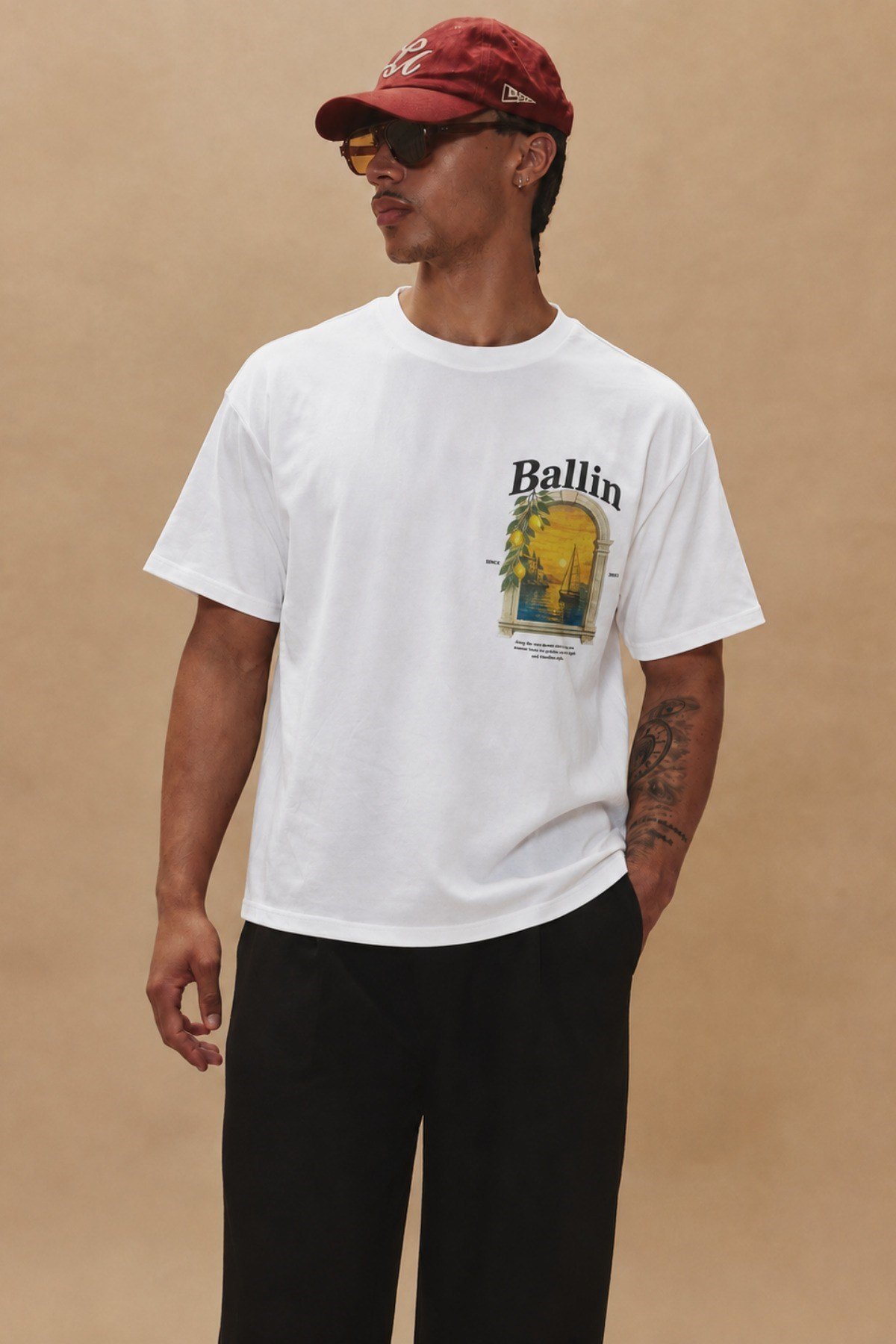 Tarz CoolT-shirtTRZ-BALLIN-01-Beyaz-LErkek Oversize Ön Ve Arka Baskılı Bisiklet Yaka %100 Pamuk Tişört