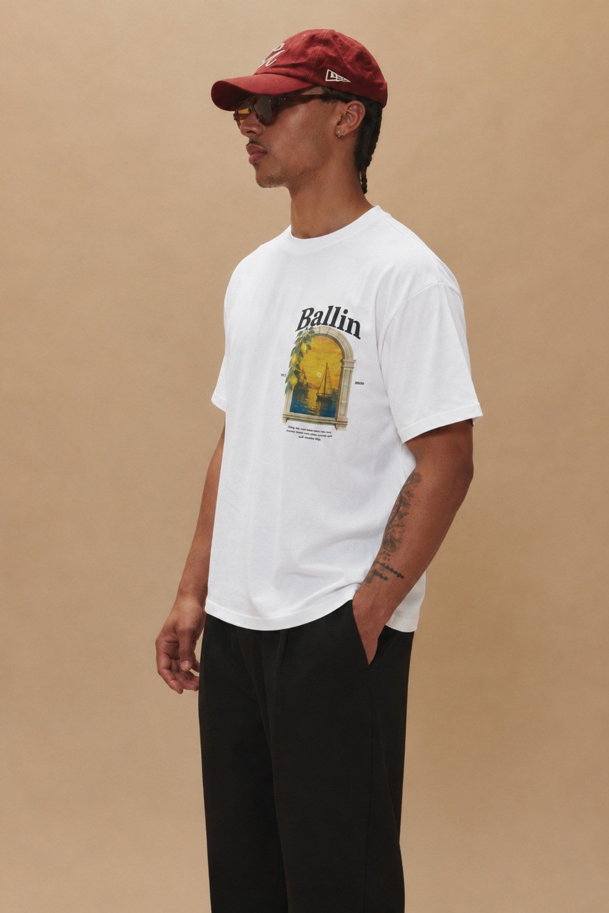 Tarz CoolT-shirtTRZ-BALLIN-01-Beyaz-LErkek Oversize Ön Ve Arka Baskılı Bisiklet Yaka %100 Pamuk Tişört