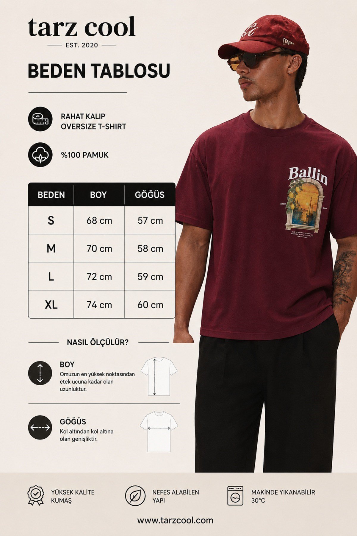 Tarz CoolT-shirtTRZ-BALLIN-01-Beyaz-LErkek Oversize Ön Ve Arka Baskılı Bisiklet Yaka %100 Pamuk Tişört