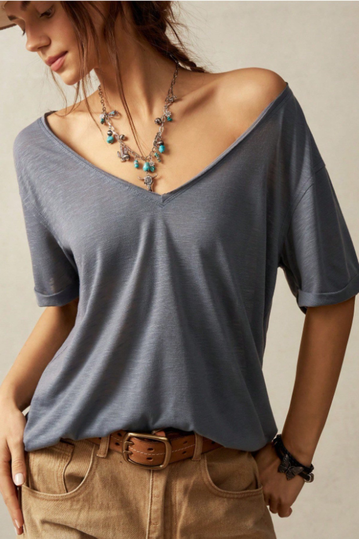 Tarz CoolT-shirtTRZ-K-TSH0001-R01-LXLKadın Oversize-Salaş V Yaka Basic Tişört
