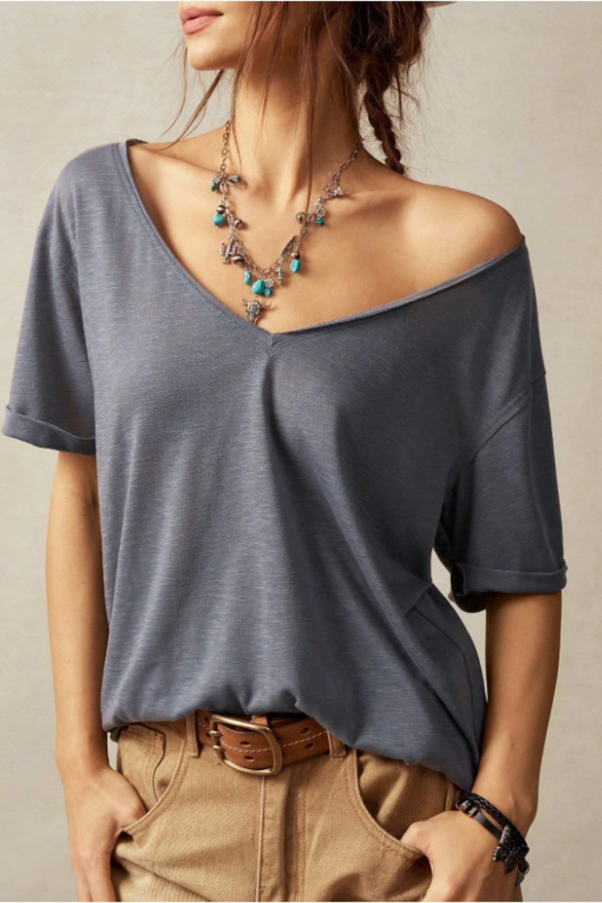 Tarz CoolT-shirtTRZ-K-TSH0001-R01-LXLKadın Oversize-Salaş V Yaka Basic Tişört
