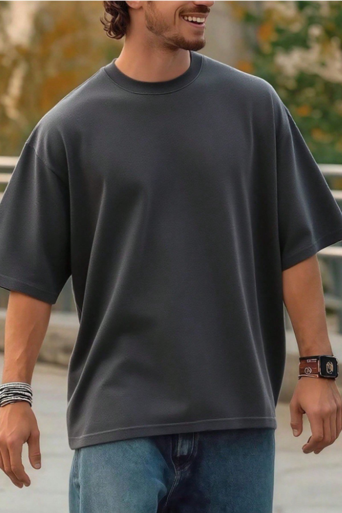 Tarz CoolT-shirtTRZ-OVBS-001-BJ-SErkek %100 Organik Pamuklu Kalın Dokulu Comfort Fit Bisiklet Yakalı T-shirt