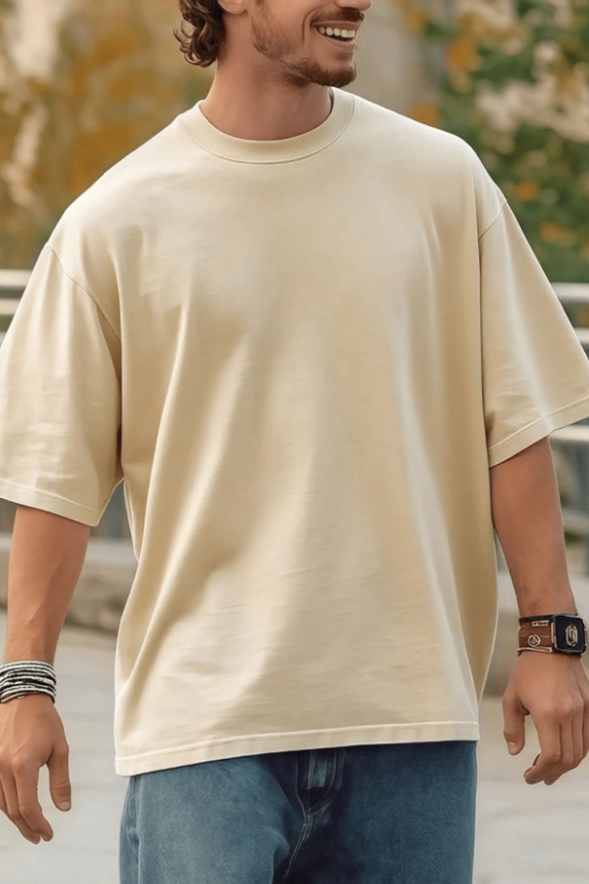 Tarz CoolT-shirtTRZ-OVBS-001-BJ-SErkek %100 Organik Pamuklu Kalın Dokulu Comfort Fit Bisiklet Yakalı T-shirt