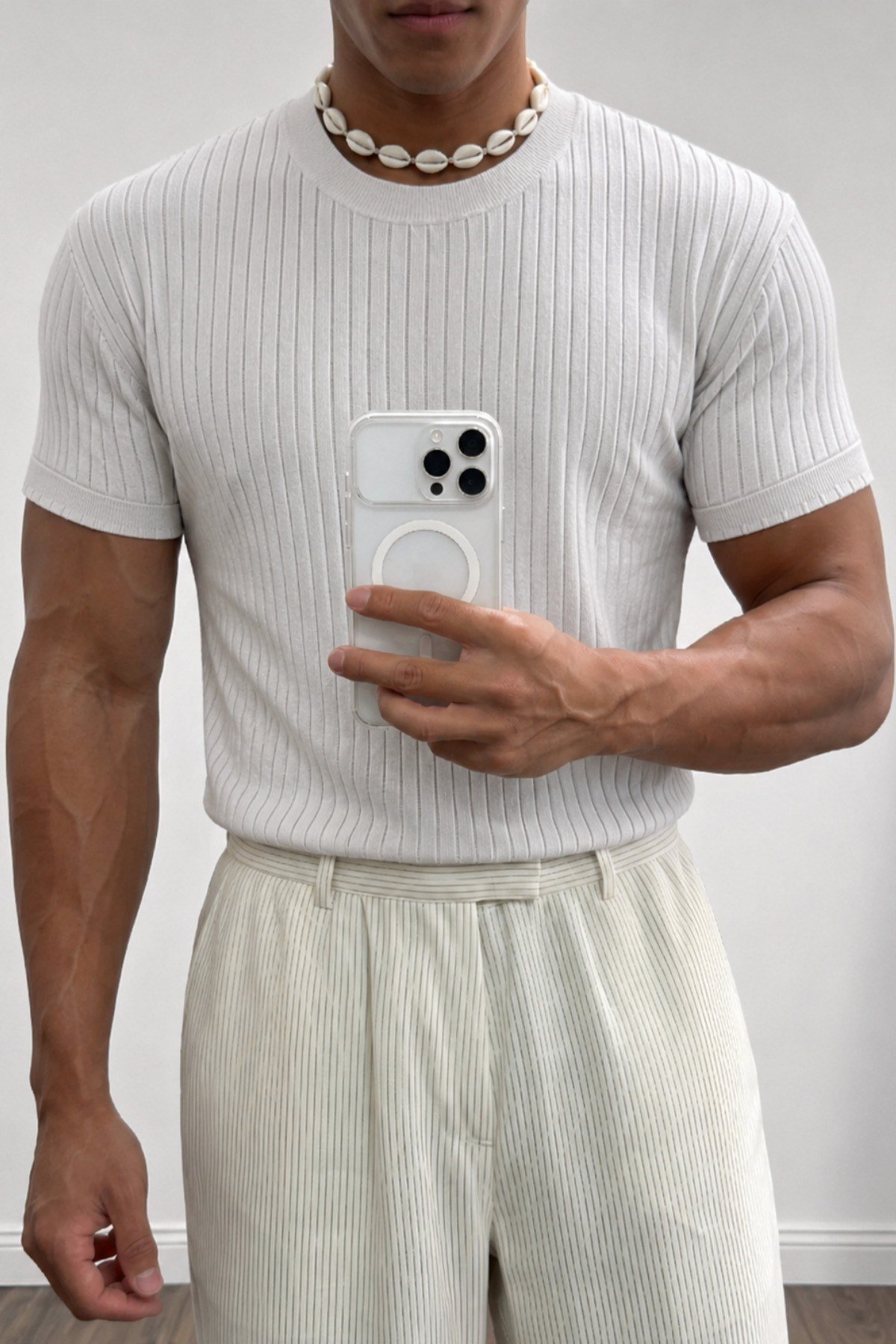 Tarz CoolT-shirtTRZ-TR-2880-Haki-LErkek Slim Fit Fitilli Triko Tişört Bisiklet Yaka Premium Pamuk Basic Yazlık T-Shirt