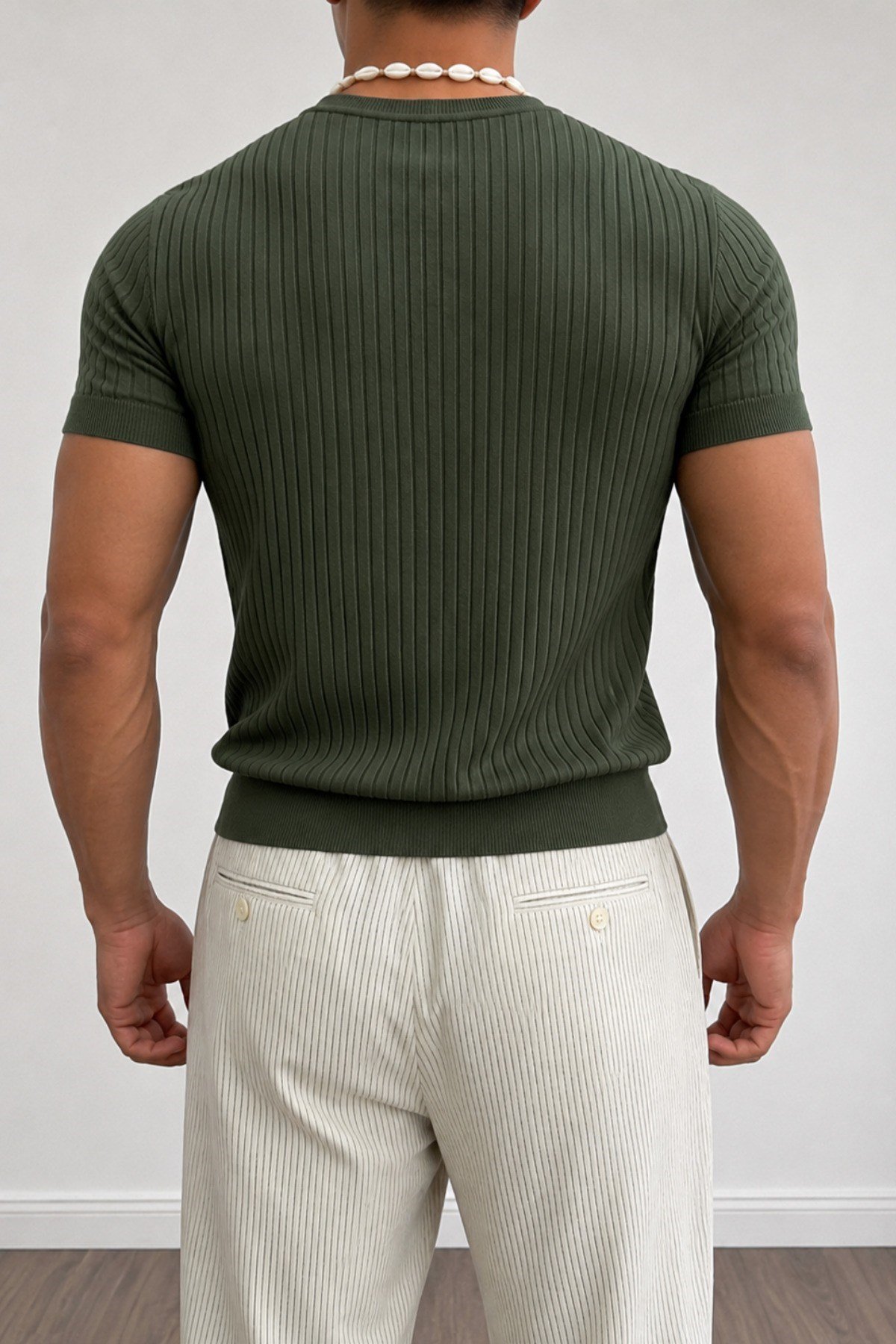 Tarz CoolT-shirtTRZ-TR-2880-Haki-LErkek Slim Fit Fitilli Triko Tişört Bisiklet Yaka Premium Pamuk Basic Yazlık T-Shirt