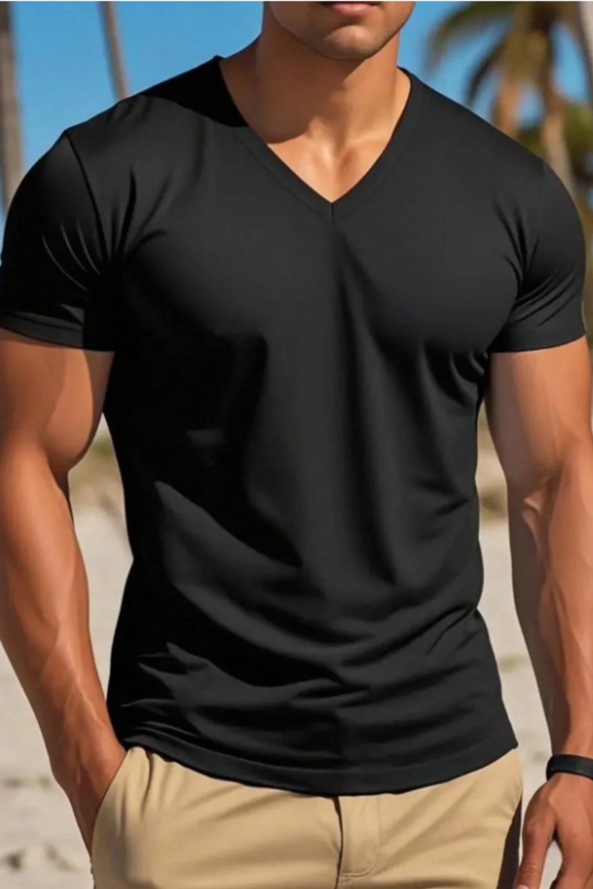 Tarz CoolT-shirtTRZ-VYKTST-026-Lacivert-LErkek %100 Pamuk V Yaka Slim Fit Dar Kesim Tişört