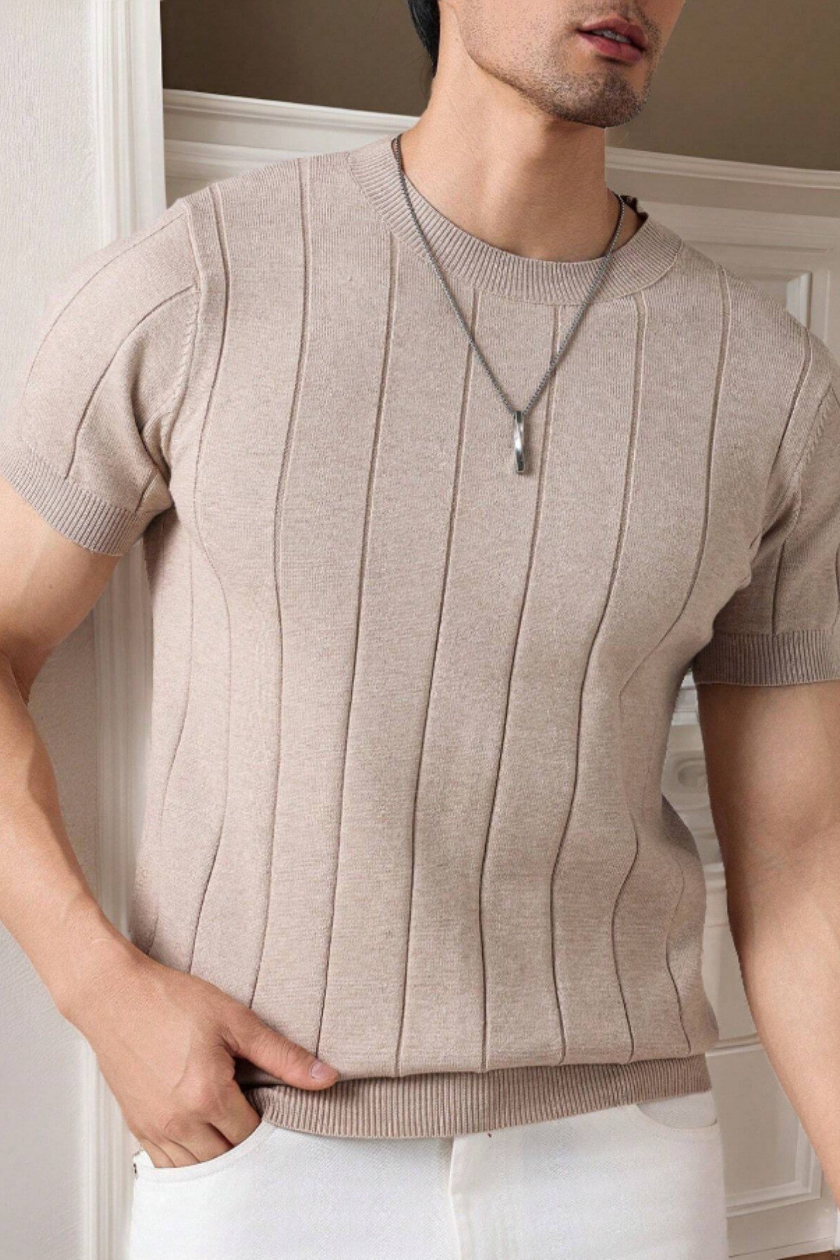 Tarz CoolT-shirtTRZ19106R03Erkek Fit Dokulu Kısa Kollu Bisiklet Yaka Triko Tişört