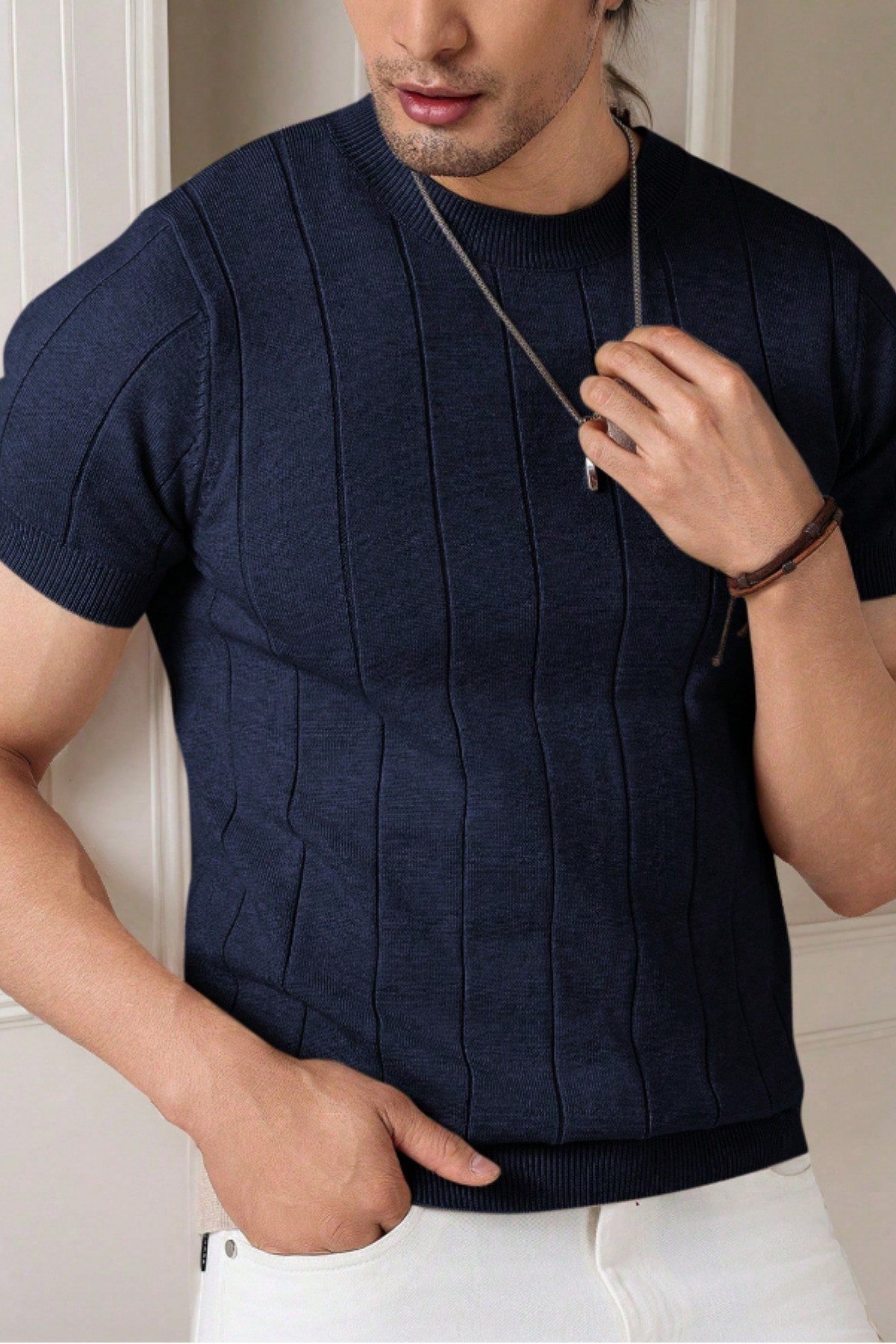 Tarz CoolT-shirtTRZ19106R03Erkek Fit Dokulu Kısa Kollu Bisiklet Yaka Triko Tişört