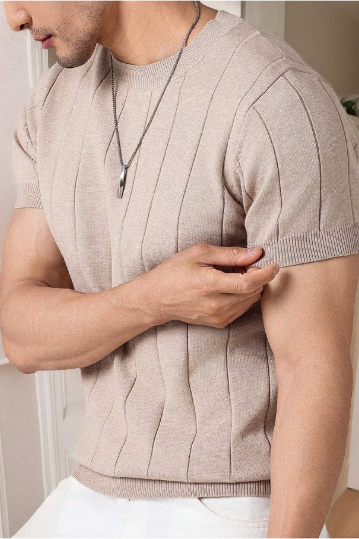 Tarz CoolT-shirtTRZ19106R03Erkek Fit Dokulu Kısa Kollu Bisiklet Yaka Triko Tişört