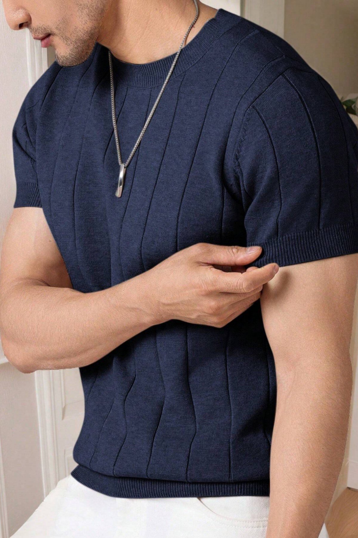 Tarz CoolT-shirtTRZ19106R03Erkek Fit Dokulu Kısa Kollu Bisiklet Yaka Triko Tişört