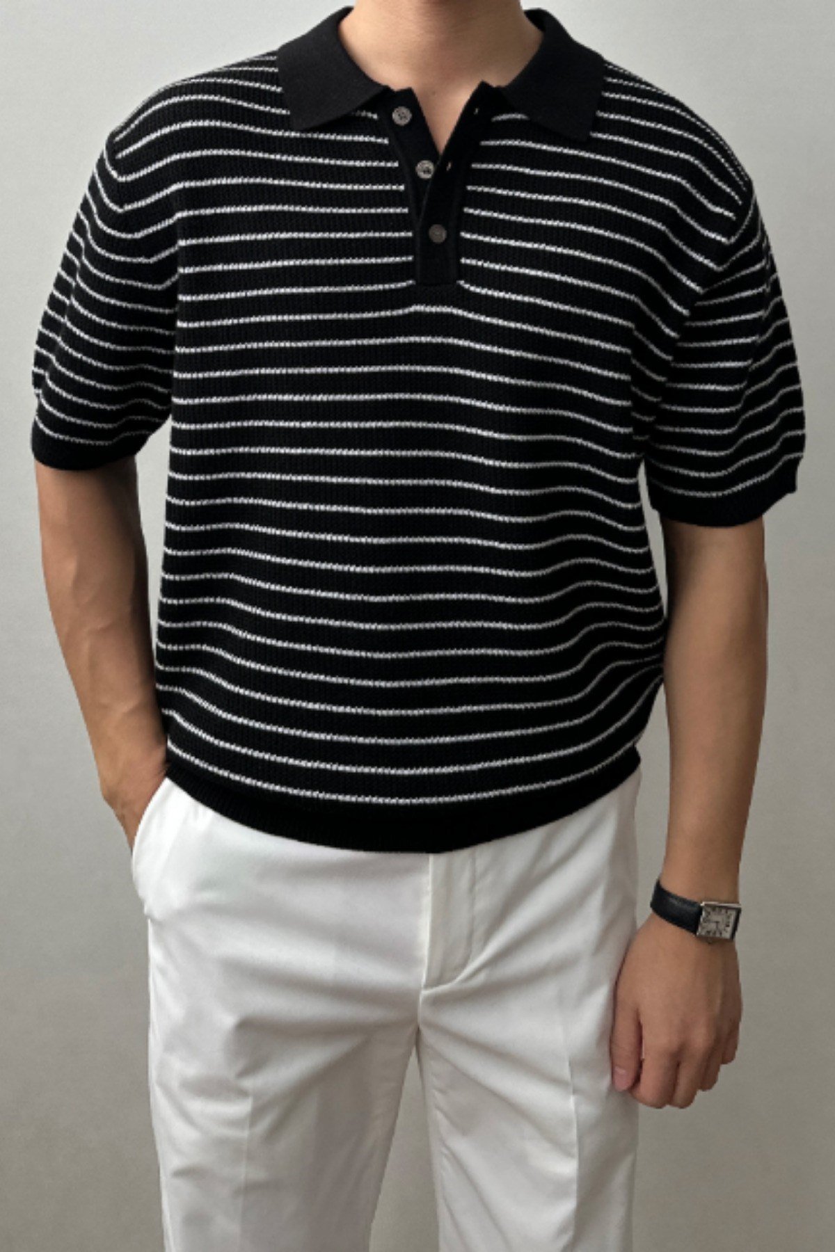 Tarz CoolT-shirtTRZ191244R03Erkek Çizgili Düğmeli Regular Fit Triko T-Shirt