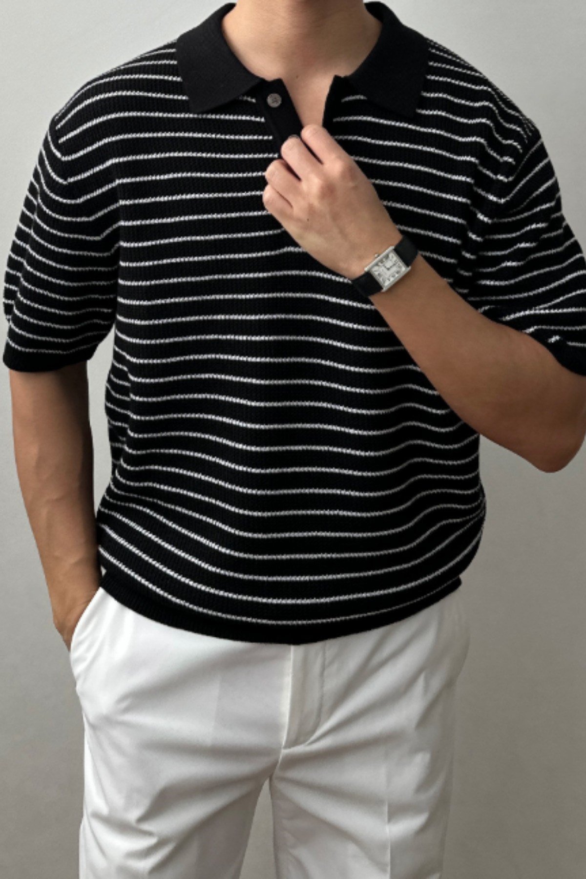 Tarz CoolT-shirtTRZ191244R03Erkek Çizgili Düğmeli Regular Fit Triko T-Shirt