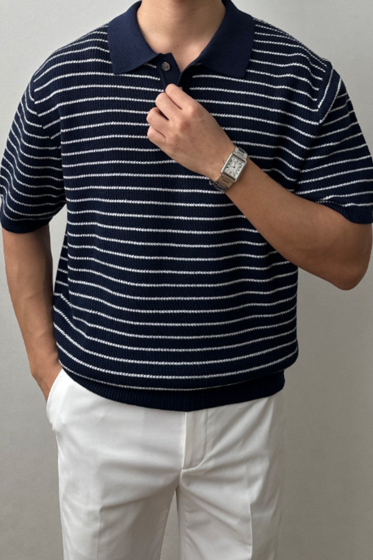 Tarz CoolT-shirtTRZ191244R03Erkek Çizgili Düğmeli Regular Fit Triko T-Shirt