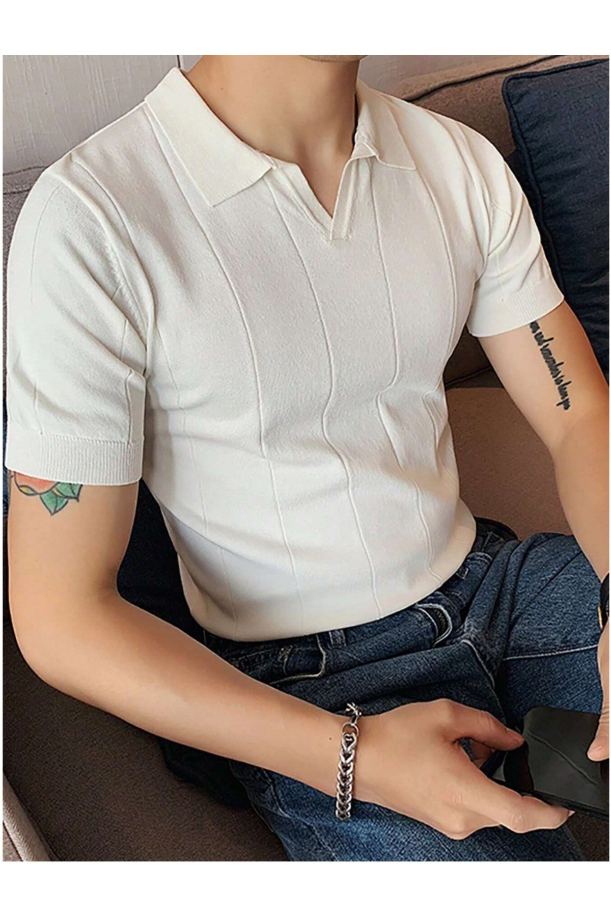 Tarz CoolT-shirtTRZ191800R02-3Erkek Çizgili Kısa Kollu Triko T-Shirt