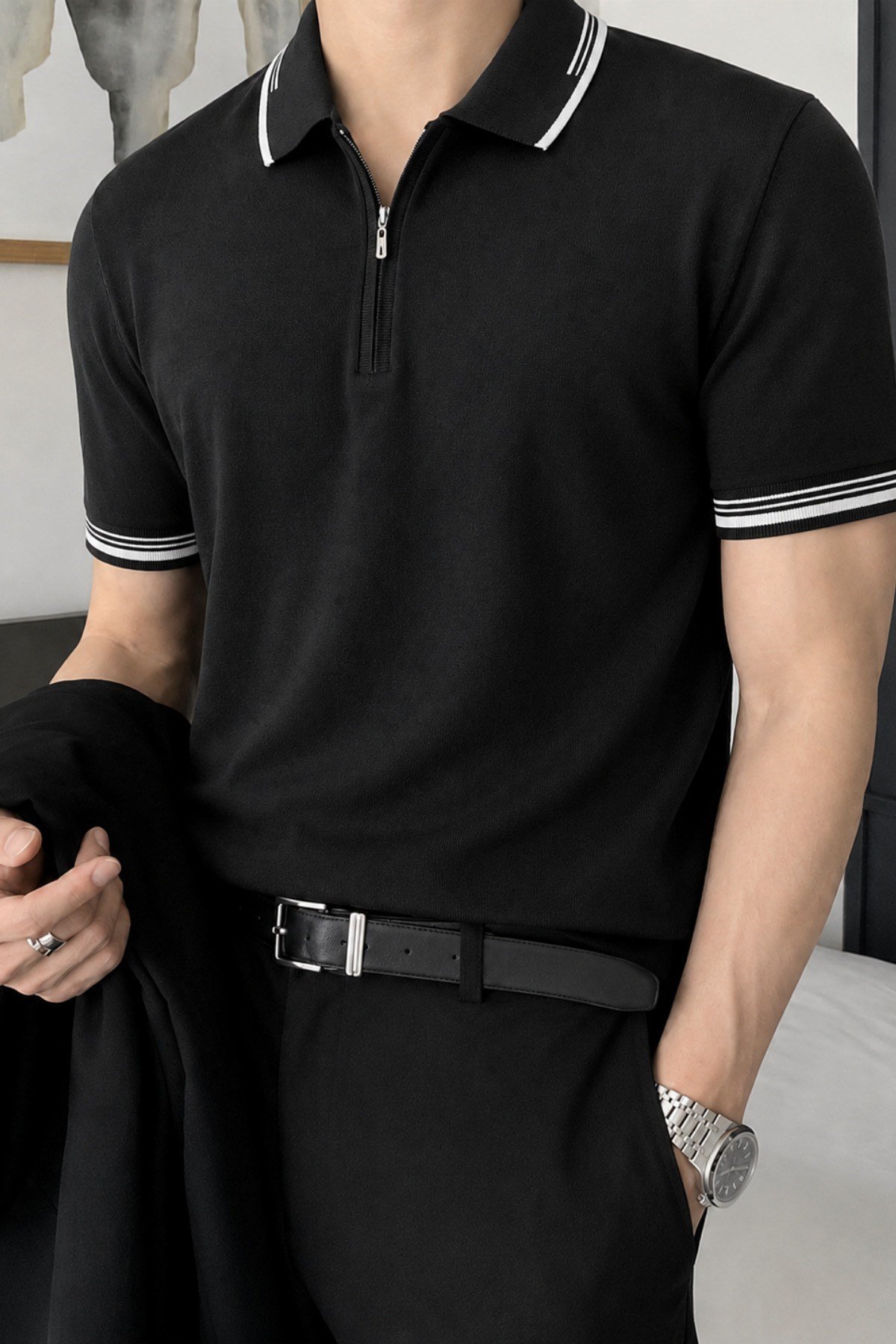 Tarz CoolT-shirtTRZ20277-Beyaz-MErkek Fermuar Yaka Triko Polo Tişört – Slim Fit Pamuklu Yazlık Triko