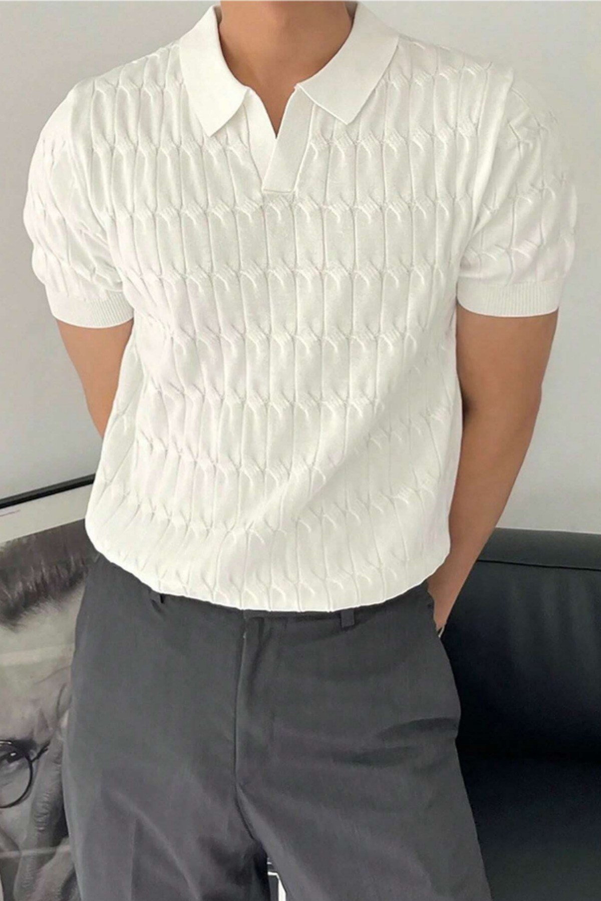 Tarz CoolT-shirtTRZ25001R04-2Erkek Taş İnce Saç Örgülü Slim Fit Polo Yaka Triko T-Shirt