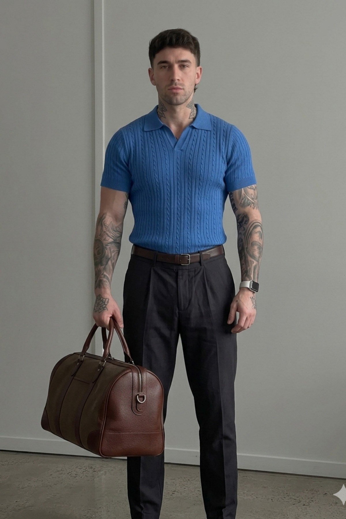 Tarz CoolT-shirtTRZ2732-Mavi-SErkek Old Money Örgü Polo Yaka Triko Tişört