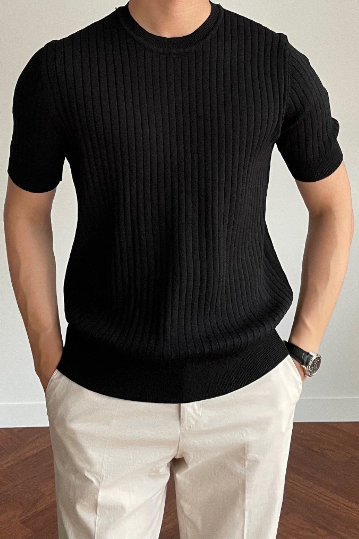 Tarz CoolT-shirtTRZ2880R01-2Erkek Fitilli Slim Fit Bisiklet Yaka Triko T-Shirt