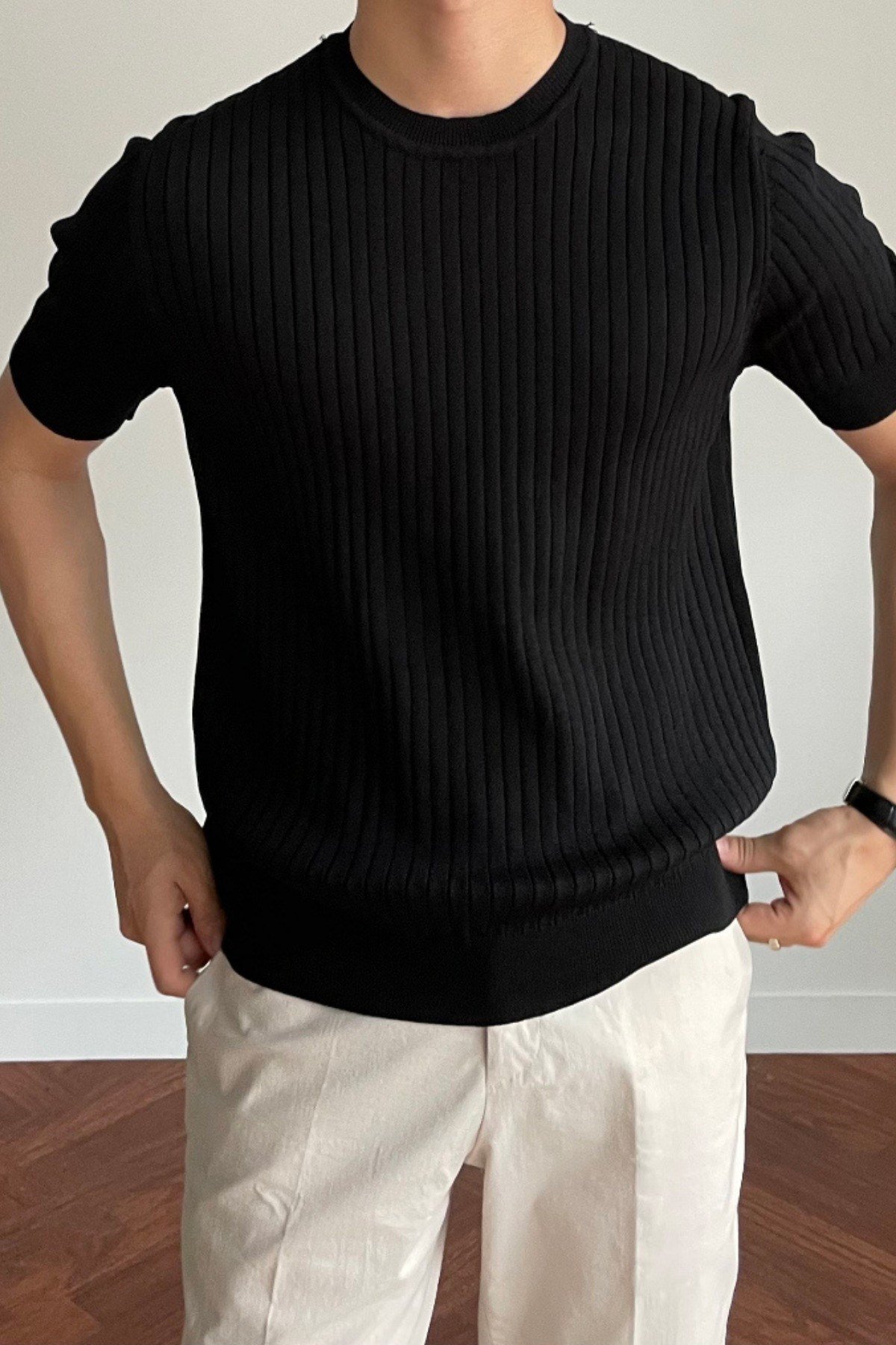 Tarz CoolT-shirtTRZ2880R01-2Erkek Fitilli Slim Fit Bisiklet Yaka Triko T-Shirt