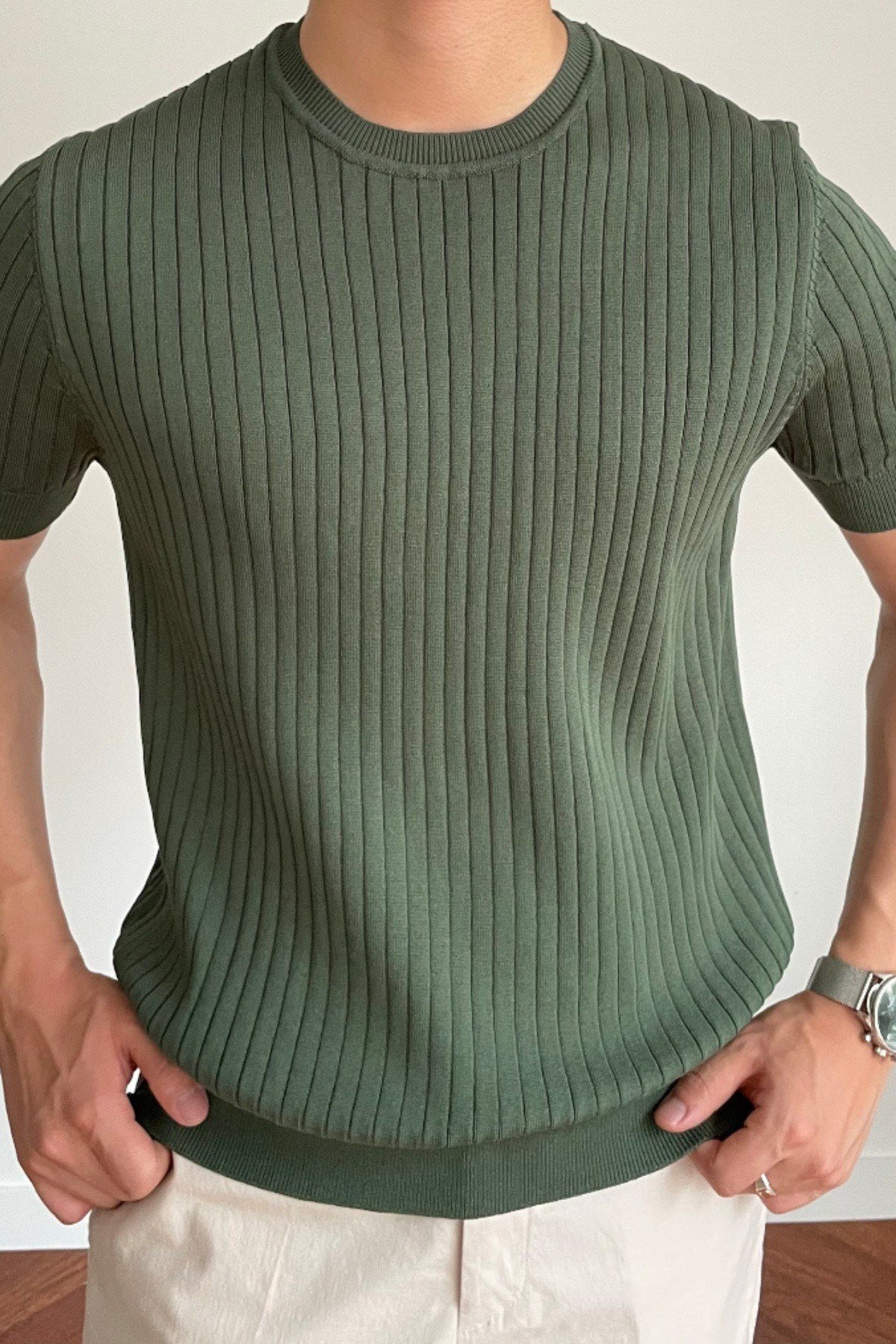 Tarz CoolT-shirtTRZ2880R01-2Erkek Fitilli Slim Fit Bisiklet Yaka Triko T-Shirt