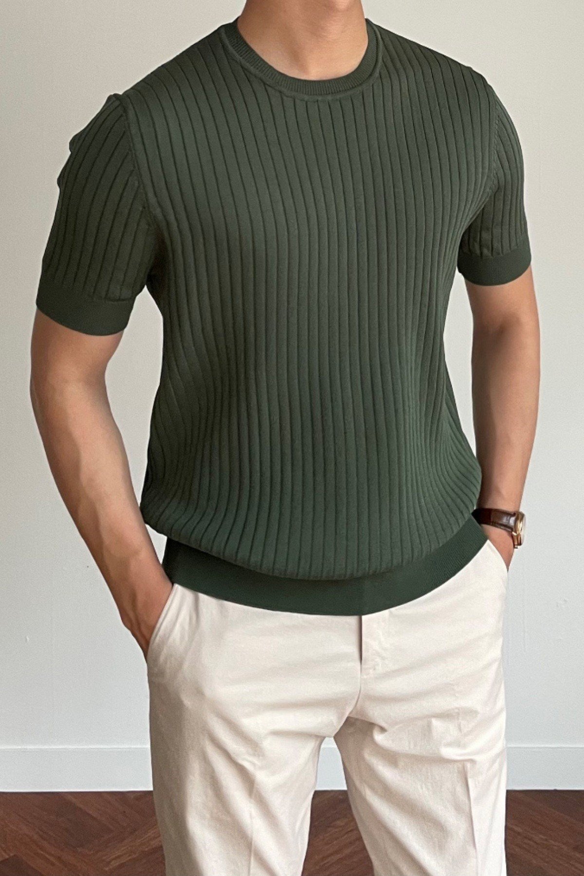 Tarz CoolT-shirtTRZ2880R01-2Erkek Fitilli Slim Fit Bisiklet Yaka Triko T-Shirt