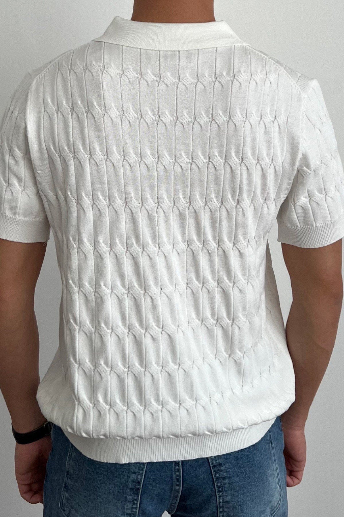Tarz CoolT-shirtTRZ3004R02-1Erkek İnce Saç Örgülü Düğmeli Slim Fit Polo Yaka Triko T-Shirt