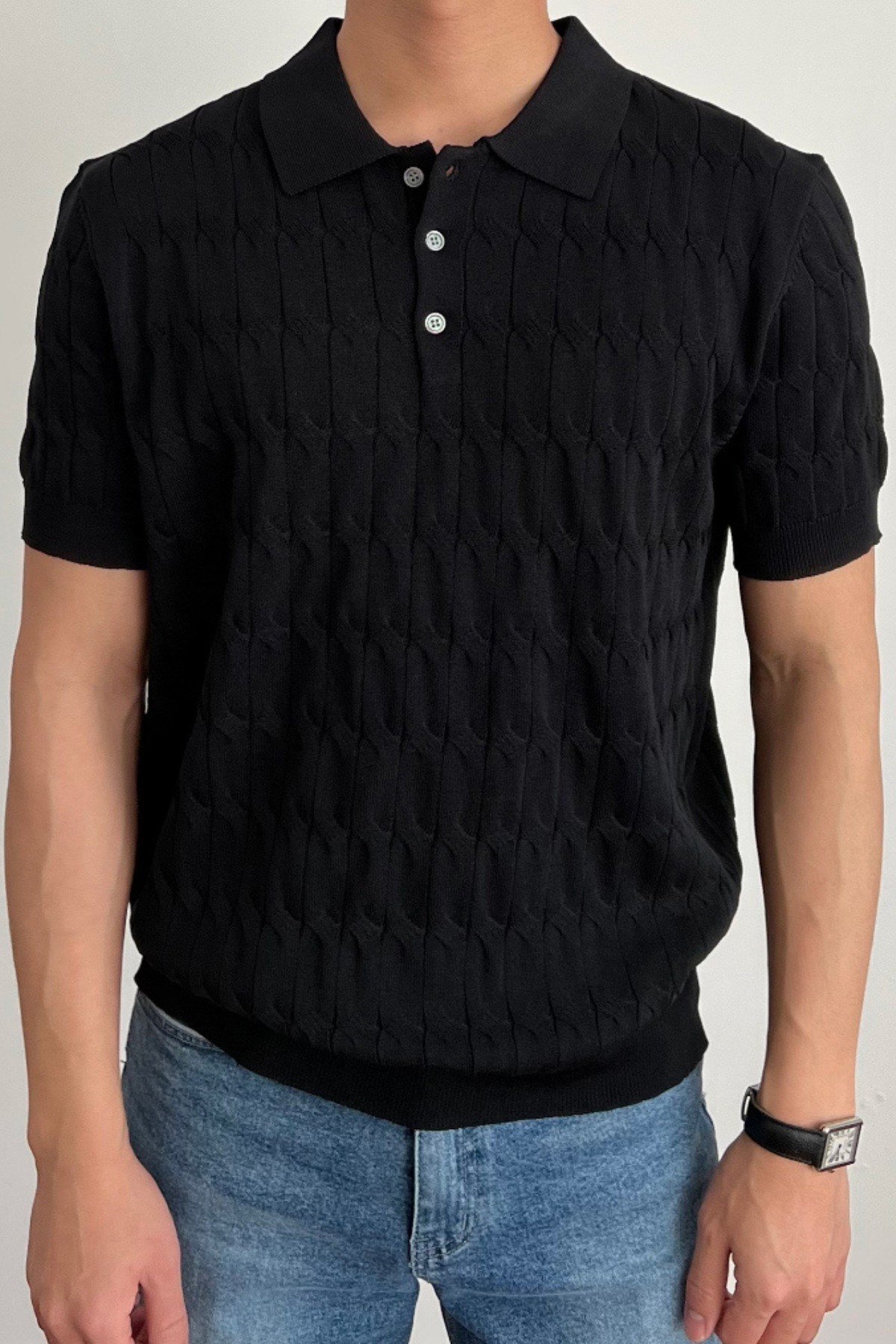 Tarz CoolT-shirtTRZ3004R02-1Erkek İnce Saç Örgülü Düğmeli Slim Fit Polo Yaka Triko T-Shirt