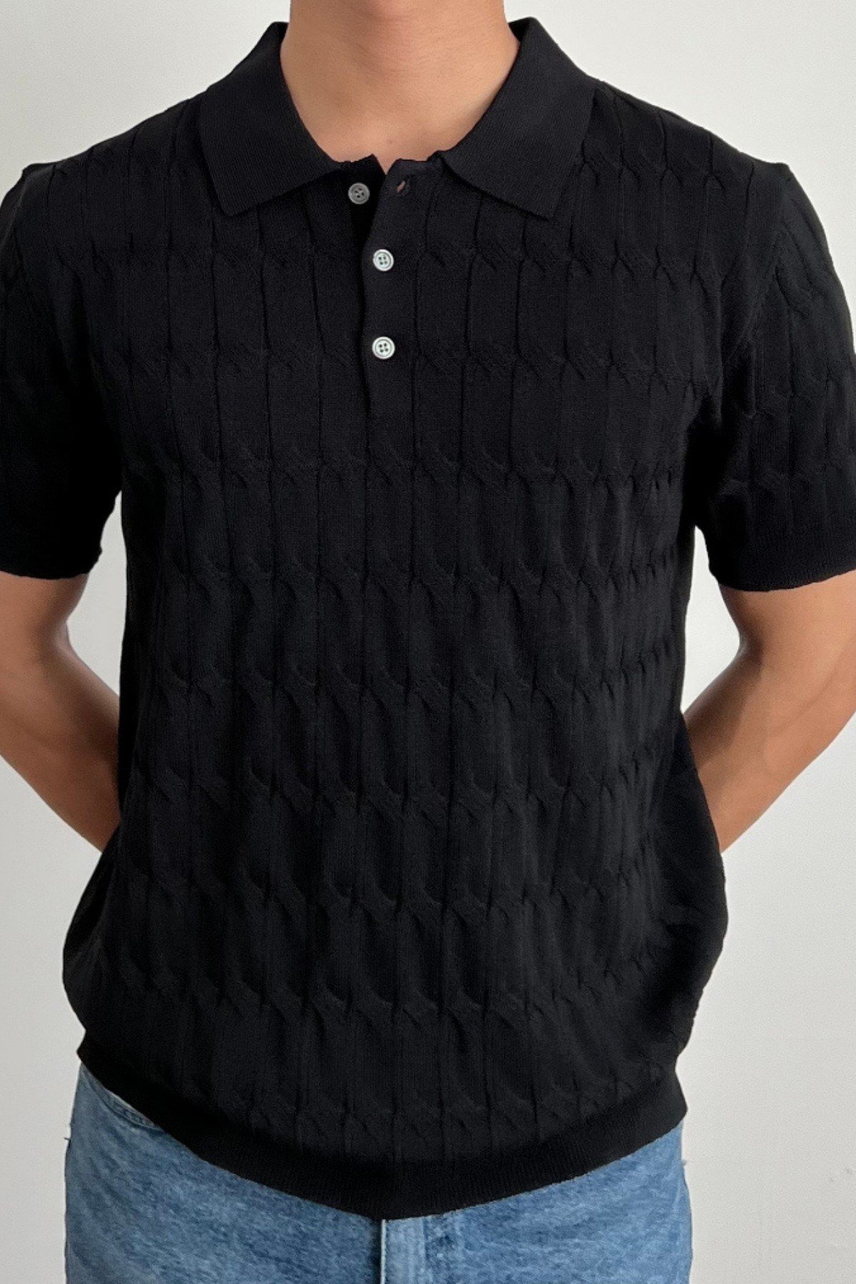 Tarz CoolT-shirtTRZ3004R02-1Erkek İnce Saç Örgülü Düğmeli Slim Fit Polo Yaka Triko T-Shirt