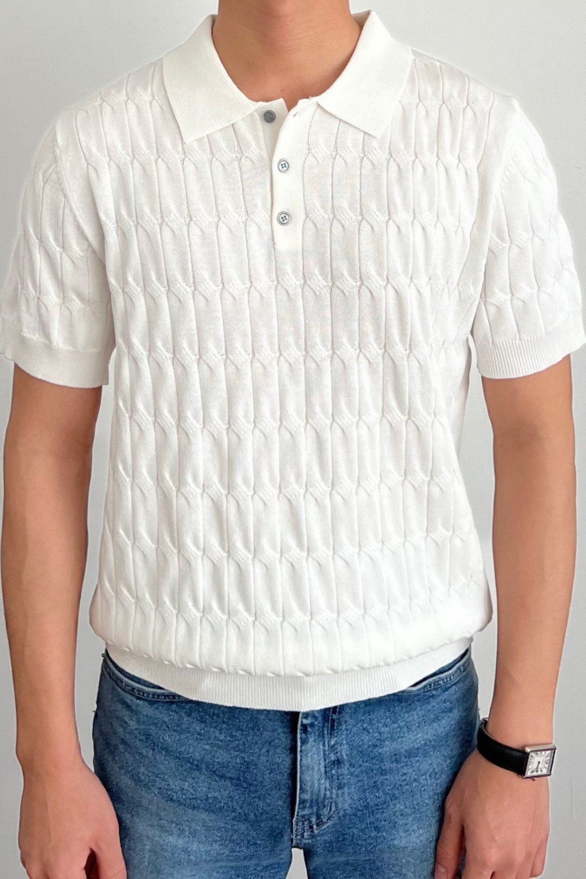 Tarz CoolT-shirtTRZ3004R02-1Erkek İnce Saç Örgülü Düğmeli Slim Fit Polo Yaka Triko T-Shirt