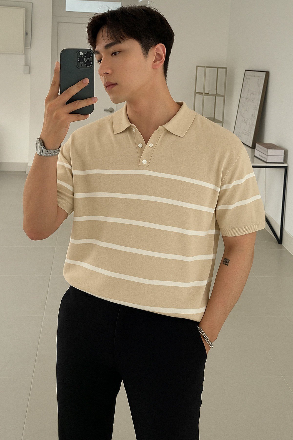 Tarz CoolT-shirtTRZ3013R27Erkek Düğmeli Polo Yaka Çizgi Detaylı Slim Fit Triko T-Shirt
