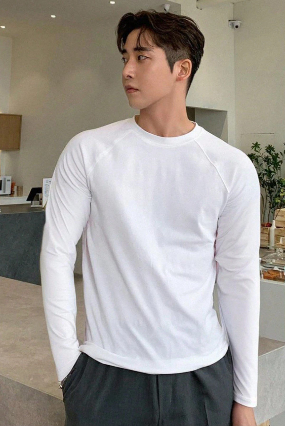Tarz CoolT-shirtTRZTSTUZ024-Beyaz-MErkek Slim Fit Uzun Kollu Bisiklet Yaka Likralı Pamuk Tişört