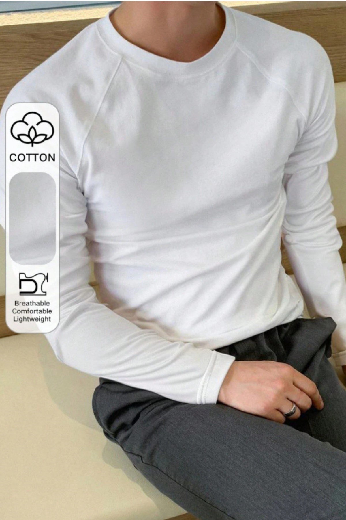 Tarz CoolT-shirtTRZTSTUZ024-Beyaz-MErkek Slim Fit Uzun Kollu Bisiklet Yaka Likralı Pamuk Tişört