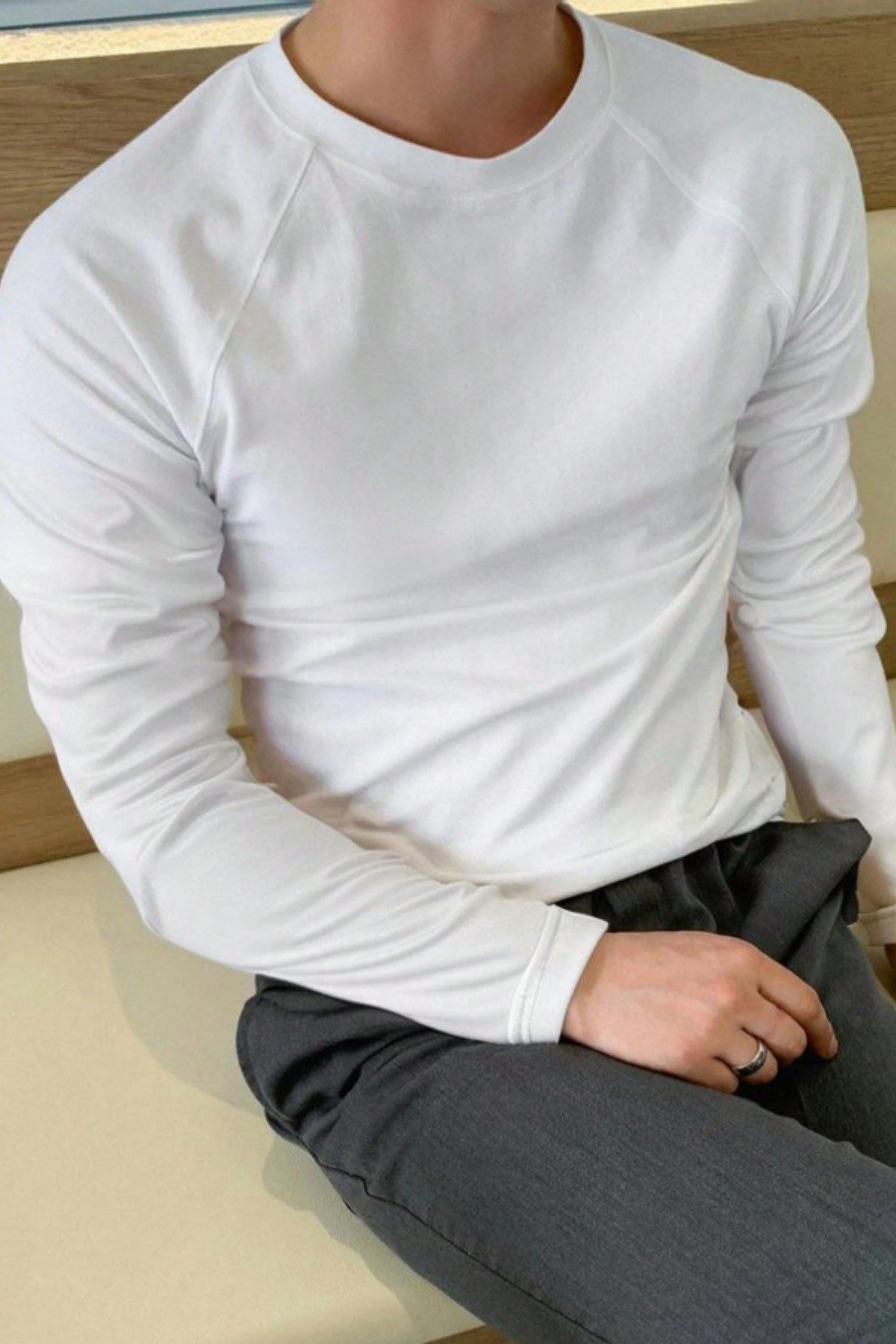 Tarz CoolT-shirtTRZTSTUZ024-Beyaz-MErkek Slim Fit Uzun Kollu Bisiklet Yaka Likralı Pamuk Tişört