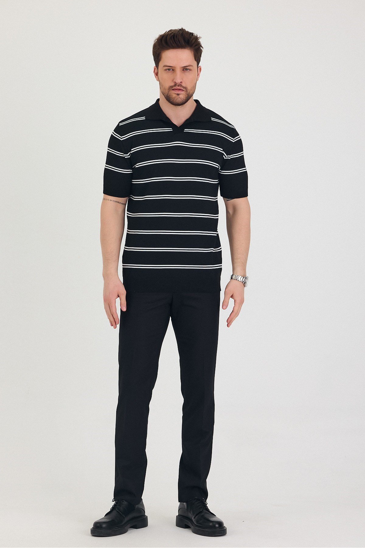 Tarz CoolT-shirtTSH-E-25SS-007-TRK-M1-R9Erkek Polo Yaka Çift Çizgi Detaylı Triko T-shirt