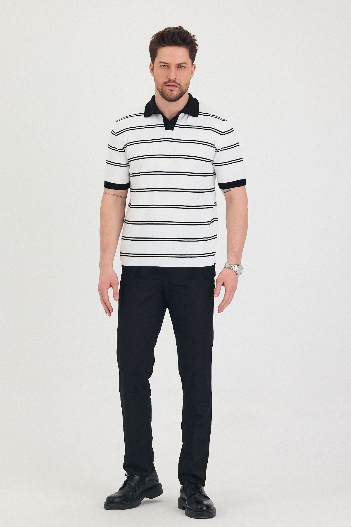 Tarz CoolT-shirtTSH-E-25SS-007-TRK-M1-R9Erkek Polo Yaka Çift Çizgi Detaylı Triko T-shirt