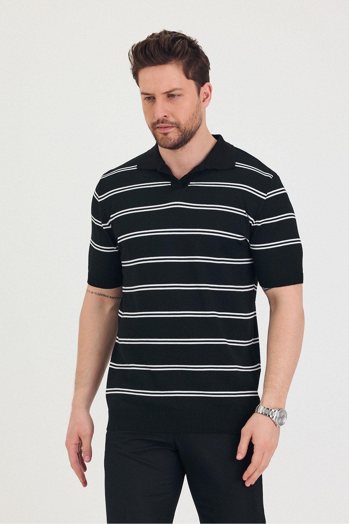 Tarz CoolT-shirtTSH-E-25SS-007-TRK-M1-R9Erkek Polo Yaka Çift Çizgi Detaylı Triko T-shirt