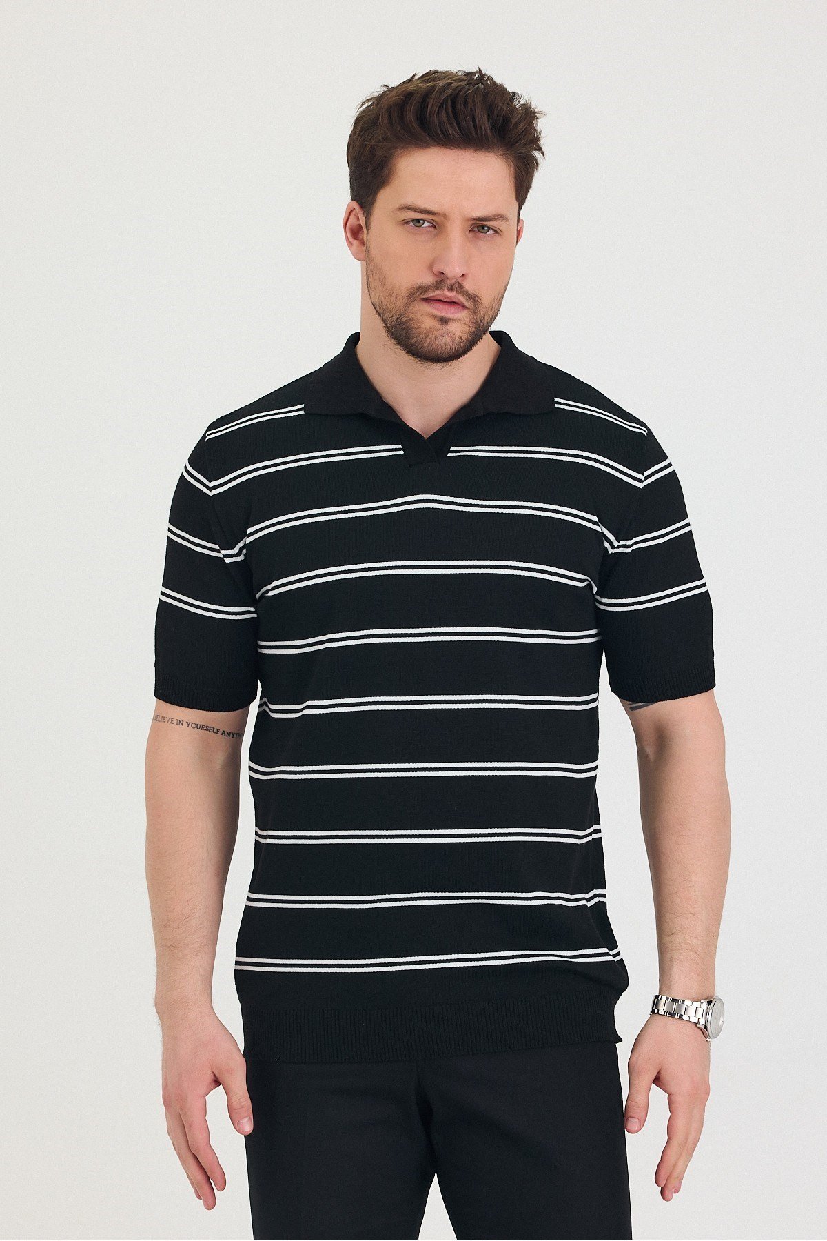 Tarz CoolT-shirtTSH-E-25SS-007-TRK-M1-R9Erkek Polo Yaka Çift Çizgi Detaylı Triko T-shirt