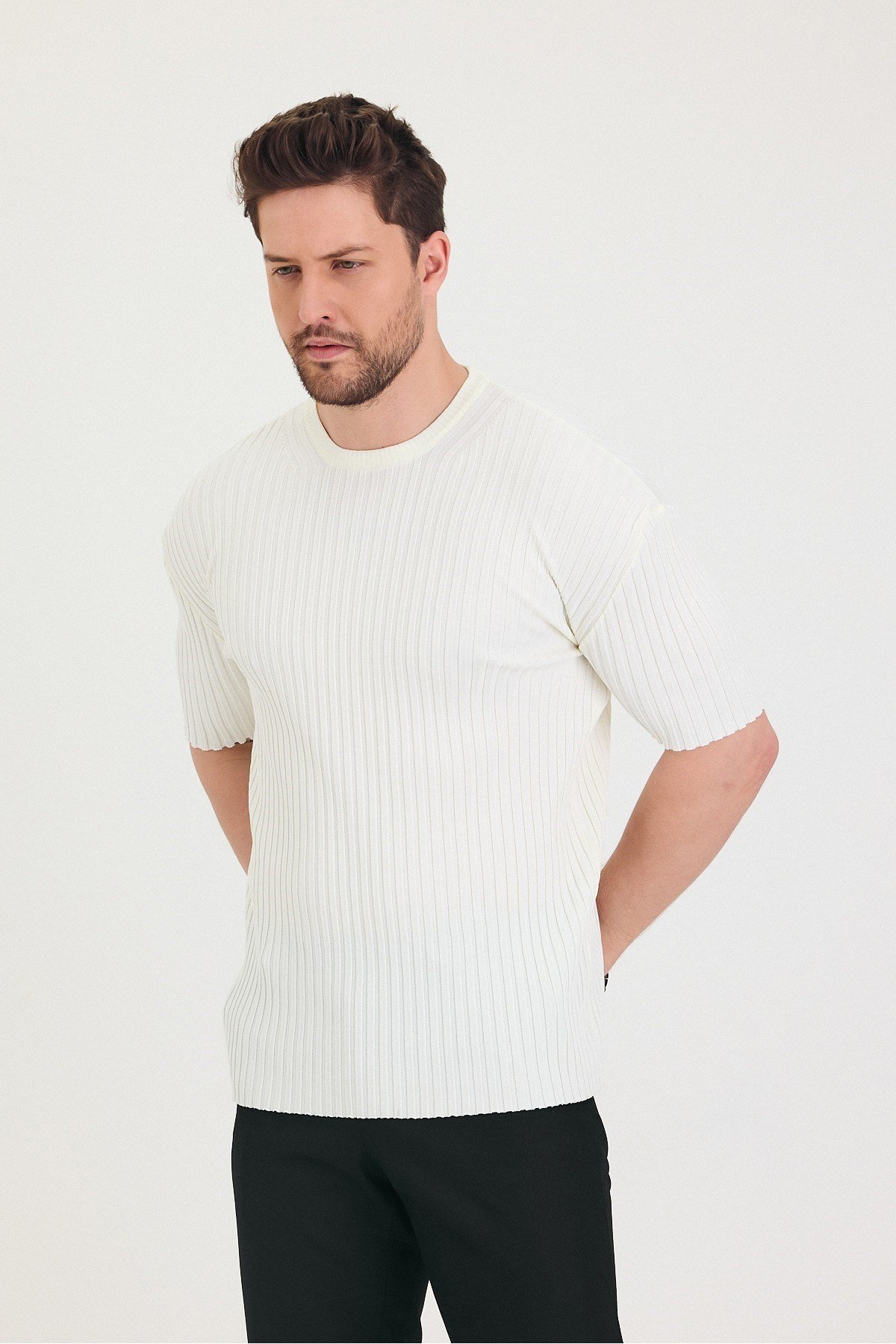 Tarz CoolT-shirtTSH-E-25SS-010-TRK-BYZ-MErkek Bisiklet Yaka Fitilli Kısa Kollu Ince Triko T-shirt