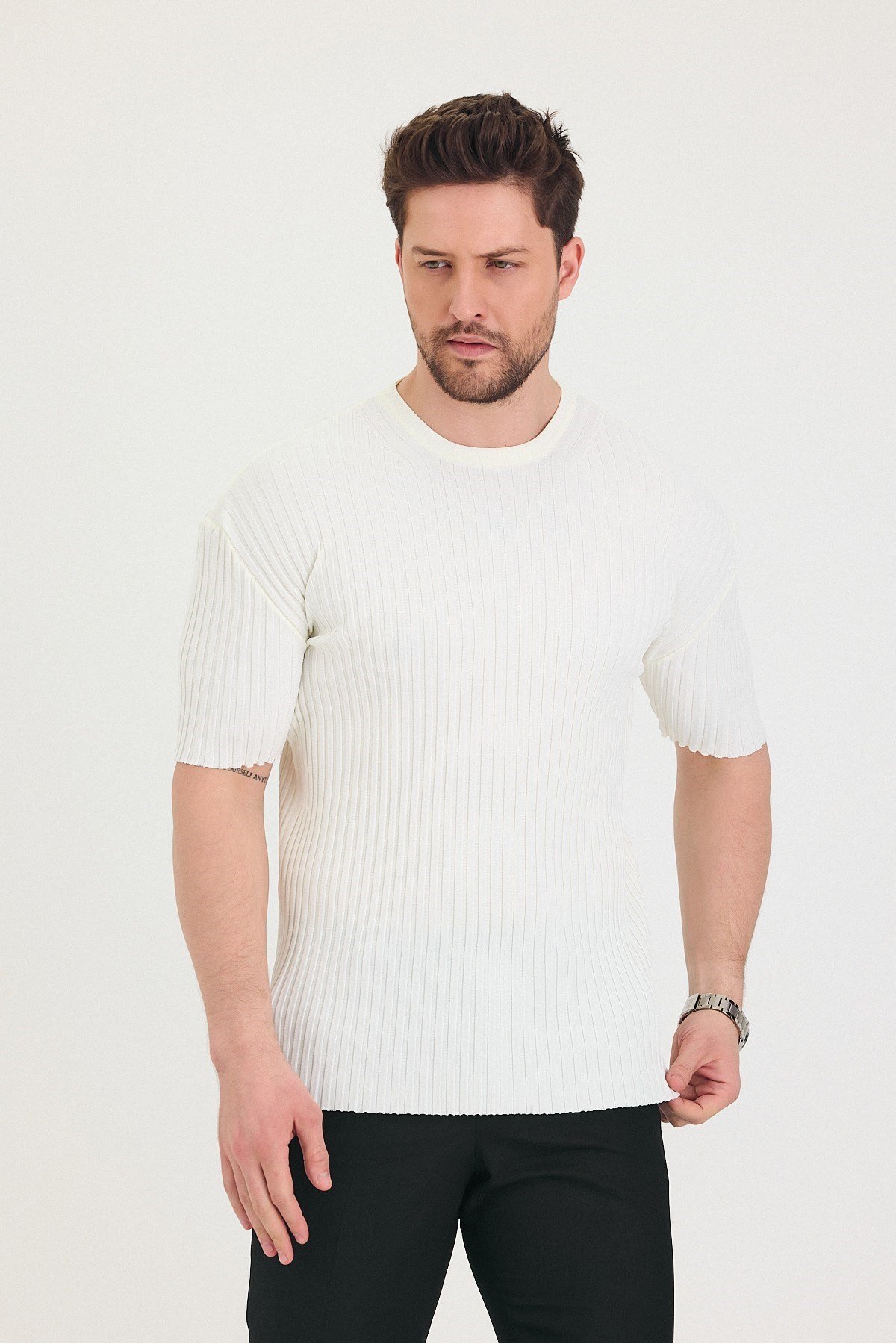 Tarz CoolT-shirtTSH-E-25SS-010-TRK-BYZ-MErkek Bisiklet Yaka Fitilli Kısa Kollu Ince Triko T-shirt