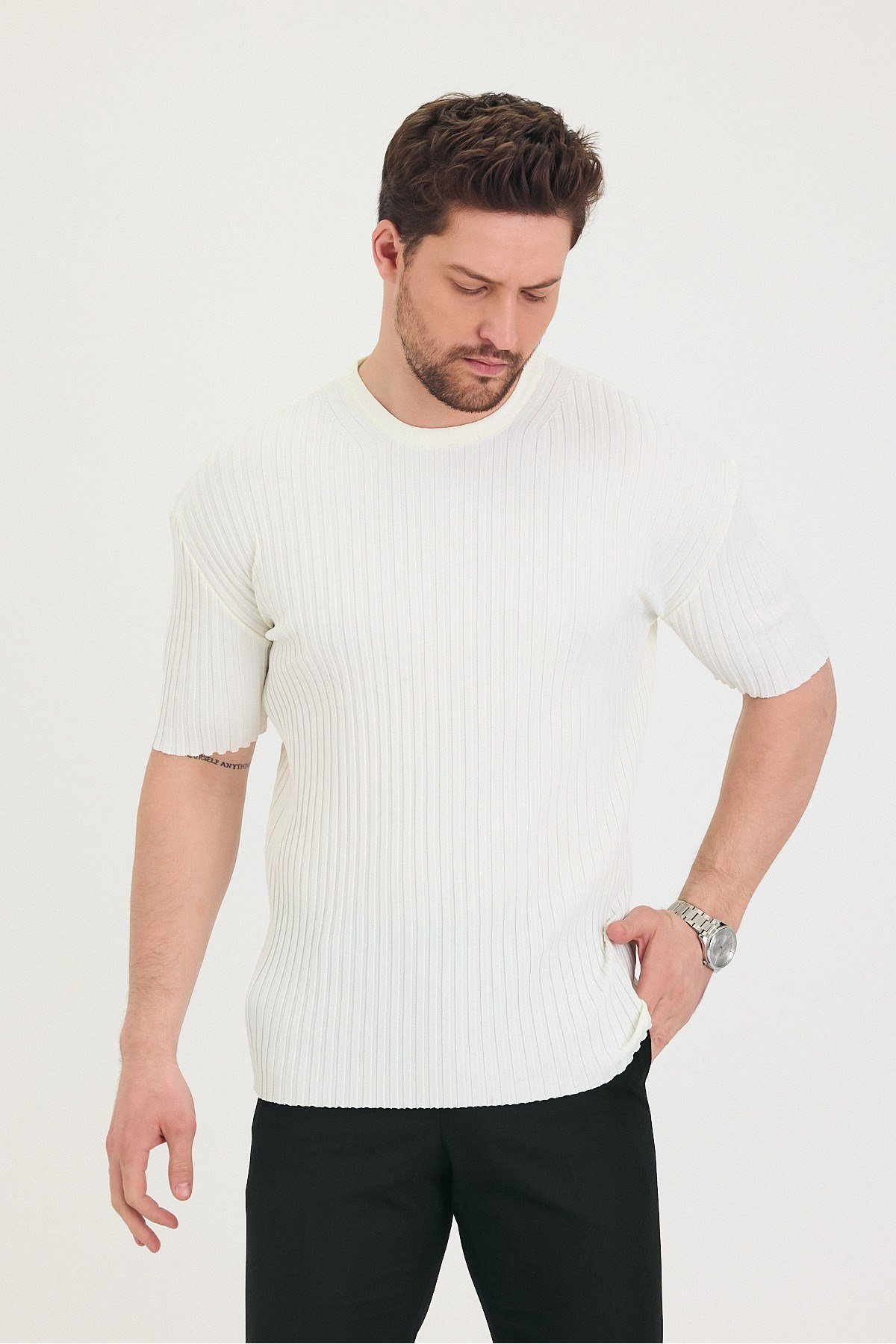 Tarz CoolT-shirtTSH-E-25SS-010-TRK-BYZ-MErkek Bisiklet Yaka Fitilli Kısa Kollu Ince Triko T-shirt