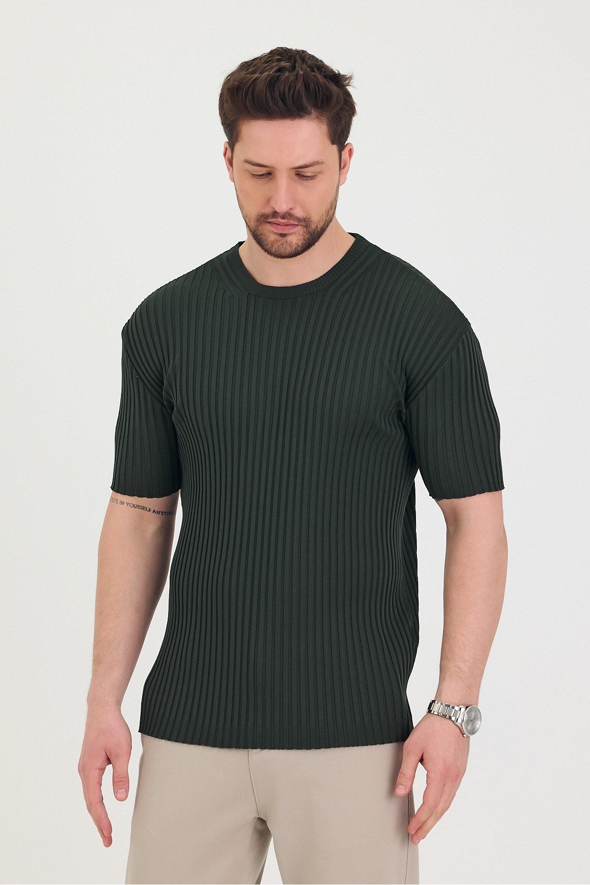 Tarz CoolT-shirtTSH-E-25SS-010-TRK-BYZ-MErkek Bisiklet Yaka Fitilli Kısa Kollu Ince Triko T-shirt