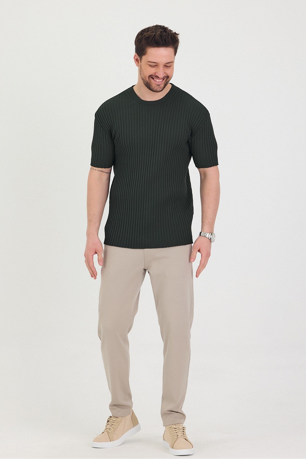 Tarz CoolT-shirtTSH-E-25SS-010-TRK-BYZ-MErkek Bisiklet Yaka Fitilli Kısa Kollu Ince Triko T-shirt