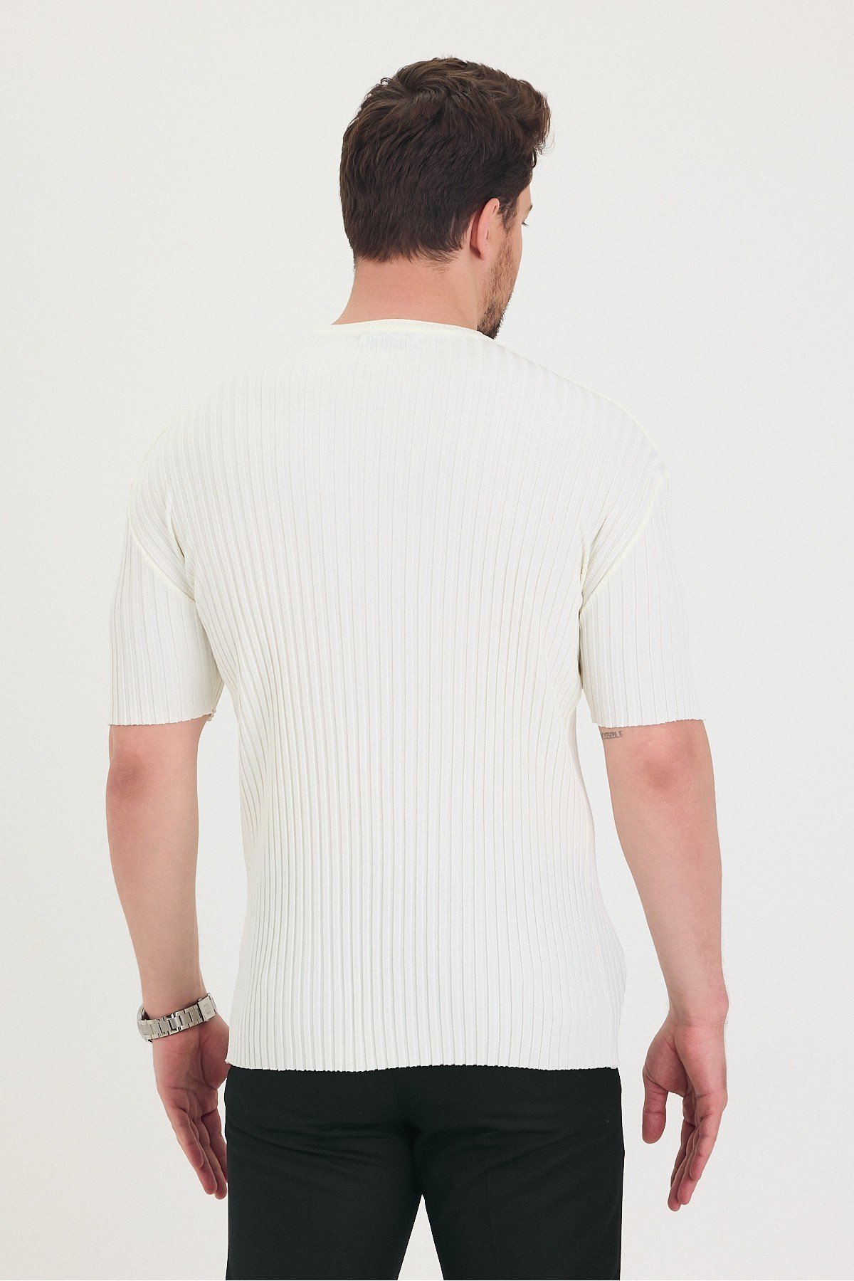 Tarz CoolT-shirtTSH-E-25SS-010-TRK-BYZ-MErkek Bisiklet Yaka Fitilli Kısa Kollu Ince Triko T-shirt