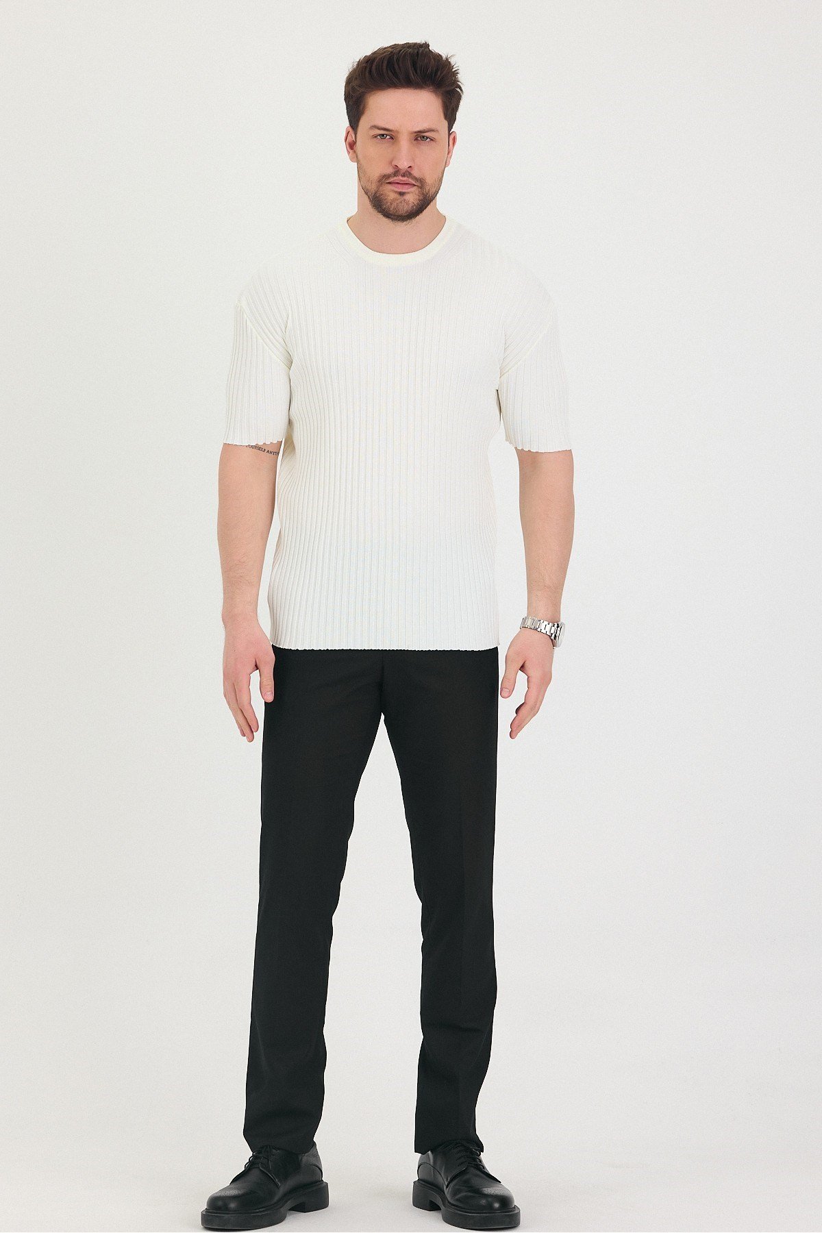 Tarz CoolT-shirtTSH-E-25SS-010-TRK-BYZ-MErkek Bisiklet Yaka Fitilli Kısa Kollu Ince Triko T-shirt