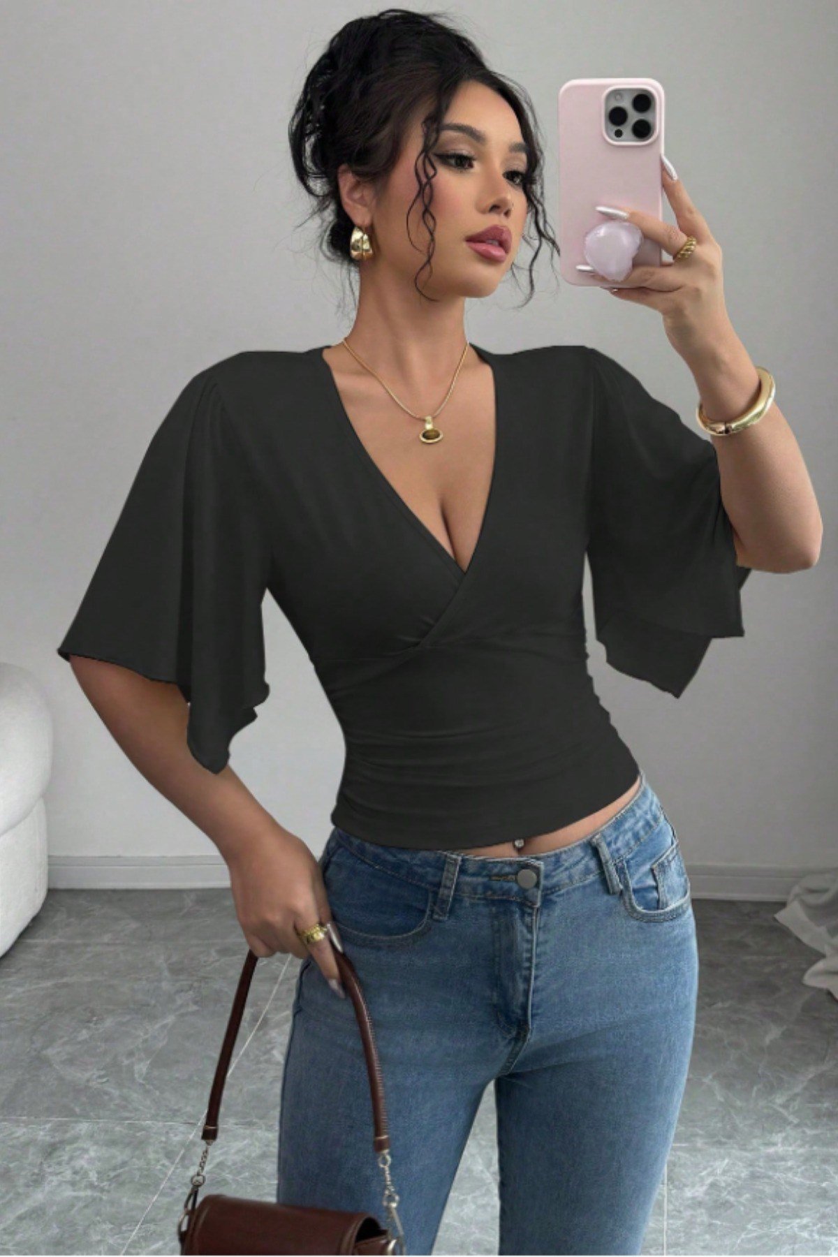 Tarz CoolT-shirtTSH-VYK-26LCVSKadın Kruvaze Yaka Yarasa Kol Likralı Şık T-Shirt
