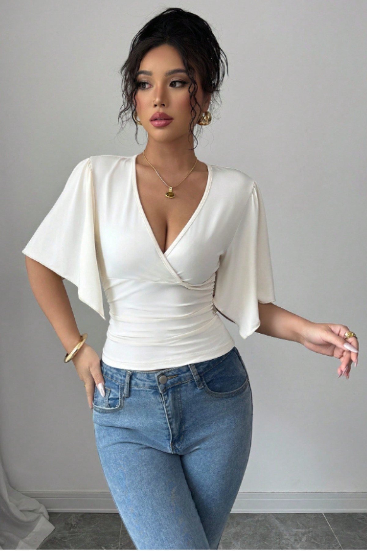 Tarz CoolT-shirtTSH-VYK-26LCVSKadın Kruvaze Yaka Yarasa Kol Likralı Şık T-Shirt