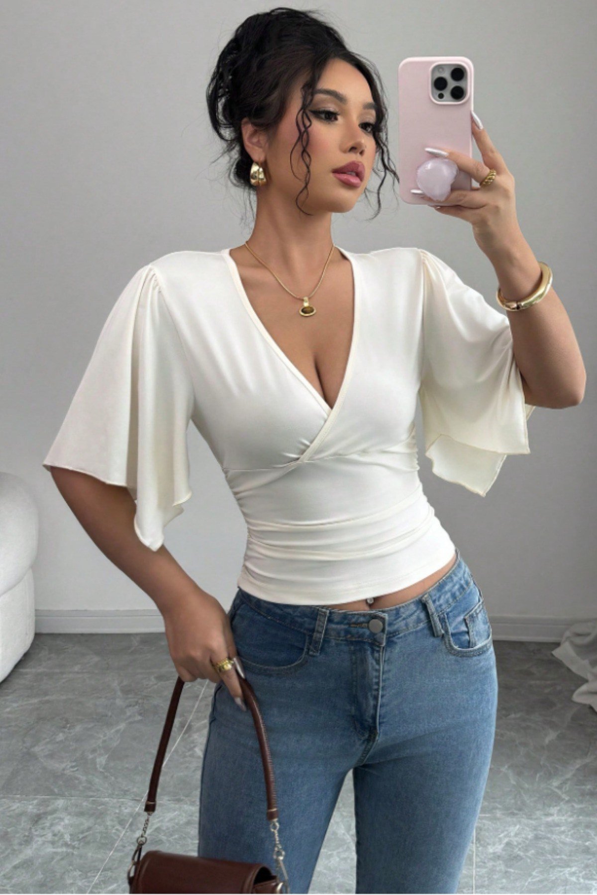 Tarz CoolT-shirtTSH-VYK-26LCVSKadın Kruvaze Yaka Yarasa Kol Likralı Şık T-Shirt