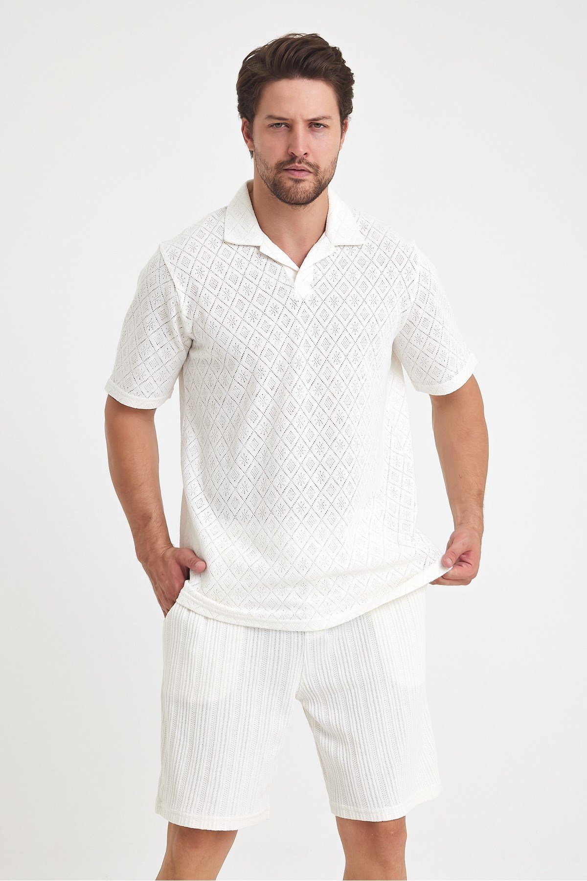 Tarz CoolT-shirtTST1440R02-3Erkek Jakarlı Baklava Desenli %100 Pamuk Polo yaka T-Shirt